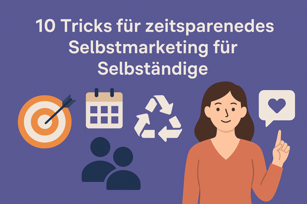 Grafik mit dem Titel '10 Tricks für zeitsparendes Selbstmarketing für Selbständige', die Illustrationen von Zielscheibe, Kalender, Recycling-Symbol und eine Person zeigt, die einen Hinweis gibt.
