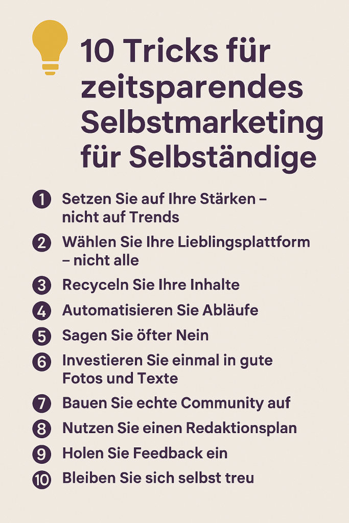 Grafik mit der Überschrift '10 Tricks für zeitsparendes Selbstmarketing für Selbständige', die zehn Tipps zur Effizienzsteigerung im Selbstmarketing auflistet.